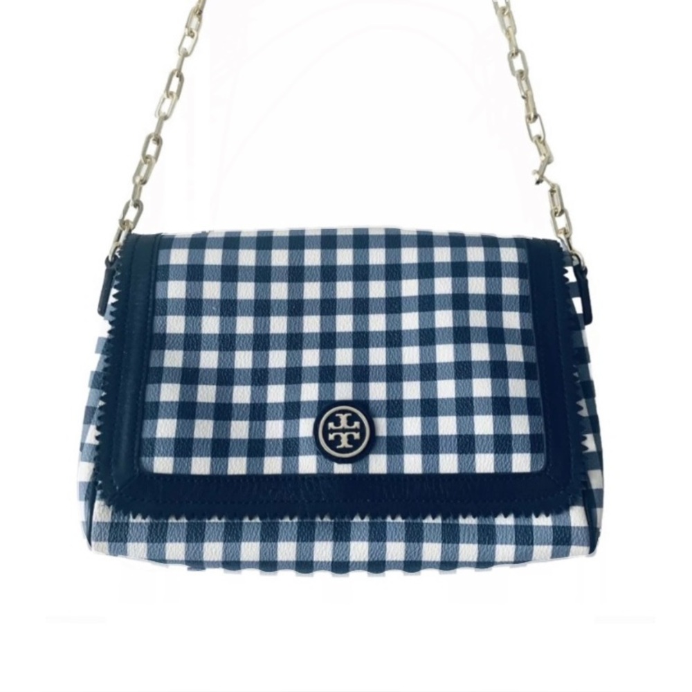 Tory Burch Genuine Leather Kerrington Gingham Crossbody Bag Navy w/ Dust Bag